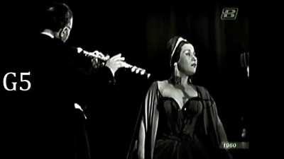 Peruvian singer Yma Sumac in a 1960 duet with a flute, matching the notes with insane harmonization