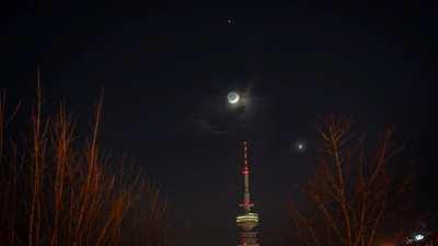 Venus Moon Jupiter conjunction over the Olympiaturm (on the 55th anniversary of the inauguration of the tower)