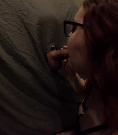 Worshipping hubby’s cock thru our at home gloryhole pt2