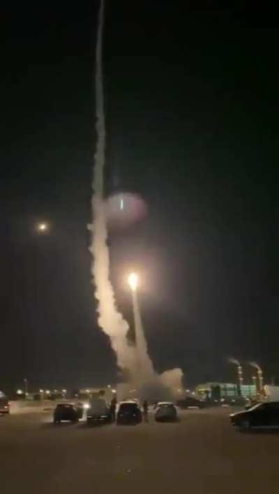 Close-up footage of Iron Dome launching interceptors at rockets over Ashkelon earlier tonight