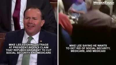 GOP Senator Mike Lee was outraged during the State of the Union when President Biden said Republicans want to cut Social Security and Medicare. Here's that same Mike Lee on video saying he wants to get rid of Social Security and Medicare.