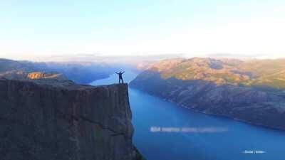 Preikestolen or 'preachers chair', a cliff located in Norway, which rises 604 metres (1,982 ft) above the Lysefjorden.