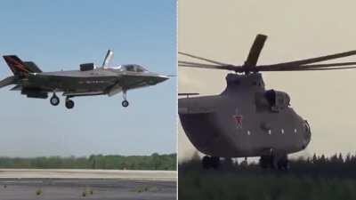 To the left, the American F-35 Lightning ll, taking off like a helicopter. To the right, the Russian Mil Mi-26, taking off like a fighter jet. The F-35 is doing a vertical takeoff (Useful for damaged runways in war). The Mi-26 is doing a running takeoff (