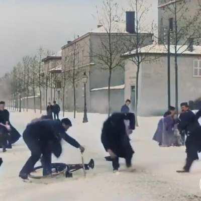 Snow ball fight in Lyon France 1896 reimagined in colour and 60fps by oldendays is amazing.