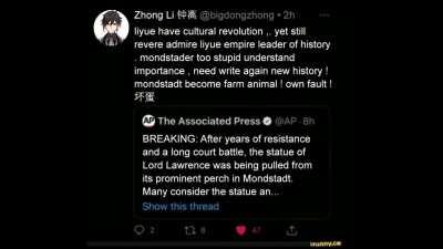 Ever since Zhongli has stepped down as archon of Liyue he has taken to the hobby of posting his political musings on Twitter in his spare time...