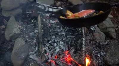 Chanterelle Mushrooms, Red Clover Flowers and Rainbow Trout