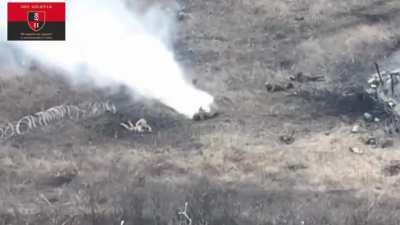 A Russian attack is repulsed by Ukrainian defenders near Kupiansk, Kharkiv Oblast. At one point Ukrainian soldiers leave their trench to get into a better position to put down fire on the enemy. Multiple Russian casualties visible.