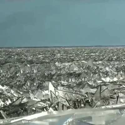 Waves of ice shards on Çıldır Lake, Turkey