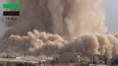 FSA 13th Division engineers detonate a massive tunnel bomb beneath SAA checkpoints in Wadi al-Deif - 10/14/2014