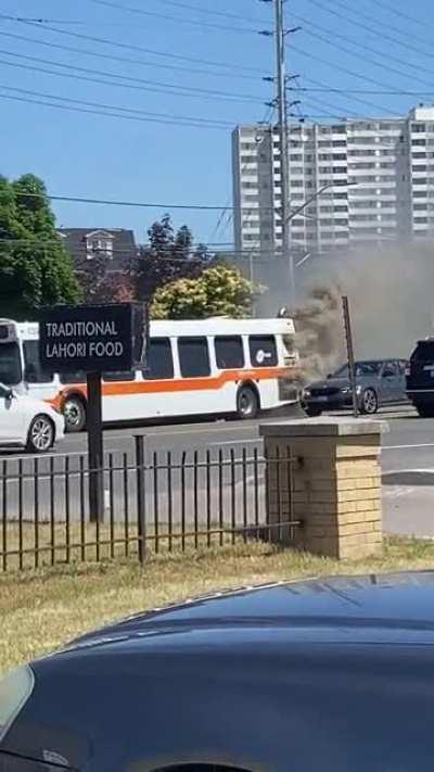 This afternoon a public bus caught fire on Dundas St in Mississauga. Everyone appeared to have evacuated the vehicle safely before the fire dept arrived!!