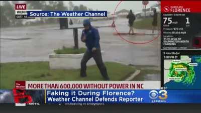 Weather reporter faking high winds during coverage of Hurricane Florence