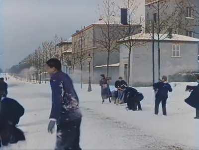 A colorized snowball fight in 1897