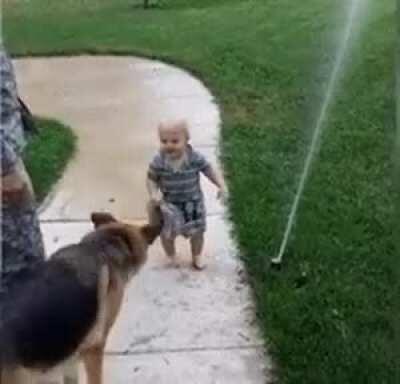 Child persuades doggo to play in sprinkler