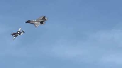 F35 flying alongside P51 at airshow in Westfield yesterday