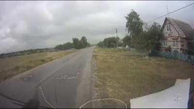 inside POV of a truck hit by a FPV drone, location and date unknown