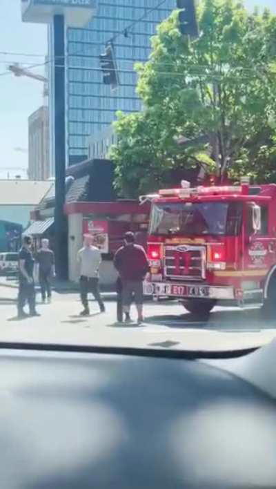 Vigilante saves us from a main character standing before a firetruck and blocking it.