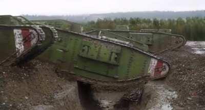 Restored WWI footage of British Mark IV tanks crossing a trench, 1917. From Peter Jackson’s “They Shall Not Grow Old.”