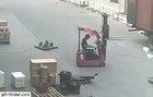 WCGW with driving a motorcycle under a forklift