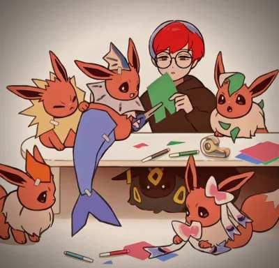 Six Eevee cosplaying as the Eeveelution 