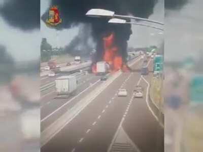 Bologna, Italy. two trucks collide on the A14 highway, causing an explosion and killing the 2 truck drivers. 6/8/2018