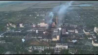 Artillery barrage falling on Russian-occupied refractory plant. Krasnohorivka, Donetsk region. 59th Separate Motorized Infantry Brigade, July 2024.