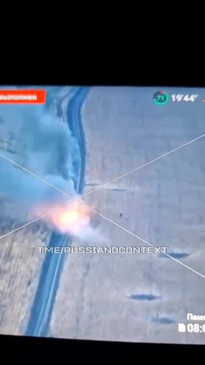 Russian drone films a Russian UAZ-452 off-road van detonating a mine. At least two soldiers survived, but the vehicle caught fire. October 2024