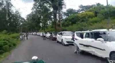 Line up at the Muthanga Checkpost today, traffic coming into Kerala from Karnataka.