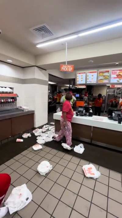 Main character demands that fast food workers clean up her mess