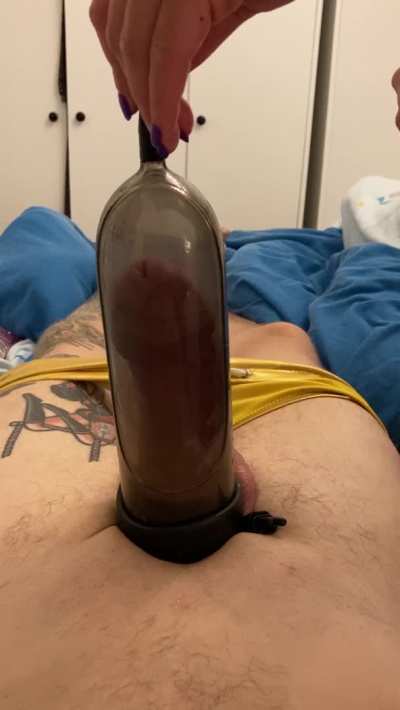 Pumping up his short cock to see if he can be made useful… 