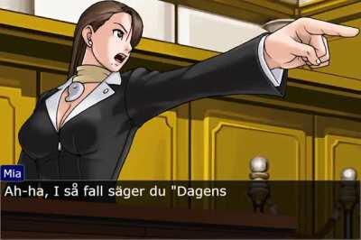 Phoenix Wright och gänget debatterar om när man äter middag.