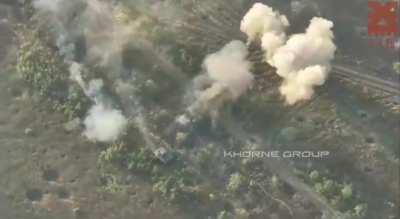 Pair of Ukrainian tanks in action near Verbove. Russians try to hit them with ATGM and lancet, but they fail