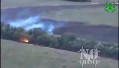 A Ukrainian drone drops molten thermite on a Russian held treeline, setting it ablaze.