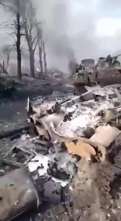 Obliterated russian column in Bucha 27.02.22, archive footage