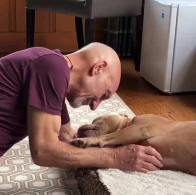 Sir Patrick Stewart with foster pup Zoe.