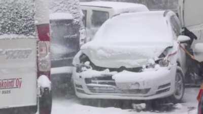 Massive accident on a Finnish freeway during a snowstorm. The crash included a total of 88 vehicles including a police car, an ambulance and many more.