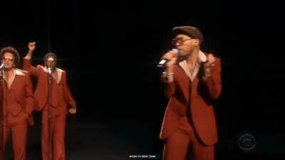 Anderson .Paak and Bruno Mars as Silk Sonic’s debut performance of “Leave The Door Open” at the 63rd annual GRAMMY’s