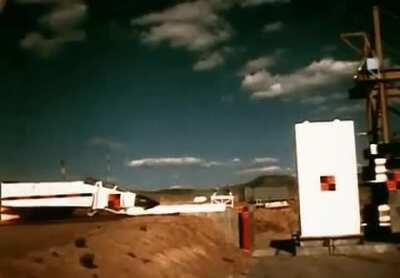 Nuclear power plant protective wall test. Phantom F-4 jet traveling ~500 MPH. (Early '70s)