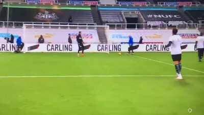 Newcastle's shooting practice in the warm-up vs. Leeds yesterday