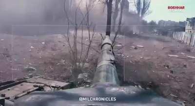 Russian tanks in action in Mariupol, Ukraine. April, 2022.