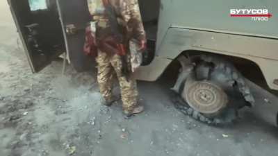 59th Separate Motorized Infantry Brigade Armored Humvee gets to safety bearing casualties after being perforated by shell fragments South of Avdiivka on September 26th 2023