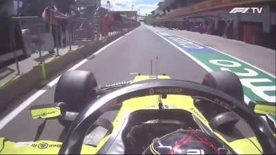 Onboard with Ocon as he gets called into the pits for what he thinks is a tire change and is surprised into silence that the car is being retired (no prior warning of any issues, seems unsure if he should get out of car)