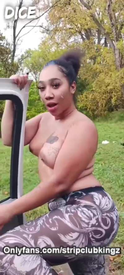 Had so much fun sucking dick in the car that she went for a topless cumwalk after