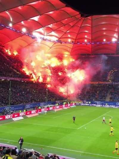 Ultras are a type of football association with fans who are renowned for their fanatical support. They commonly use flares, chanting and large banners to simultaneously support their team and intimidates their rivals. This is a recent Borussia Dortmund ma