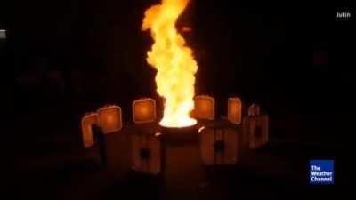 Fan used to create fire tornado