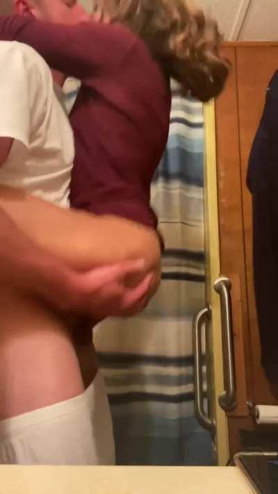 Hopping into his arms and onto his cock