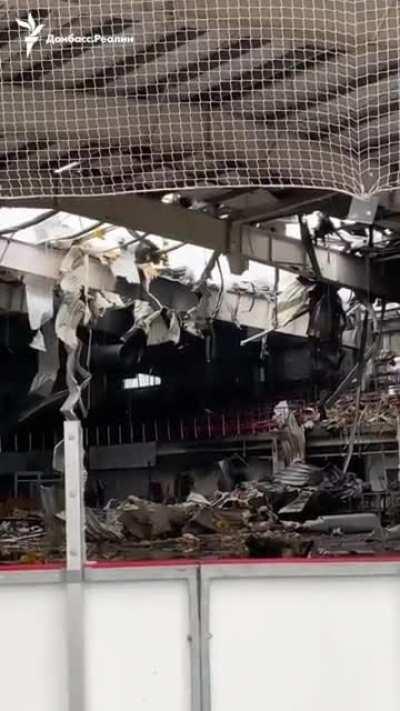 Destroyed storage of humanitarian aid in hockey complex in Druzhkinka town, Donetsk region