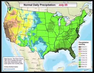 Average daily precipitation throughout the year in the contiguous USA.