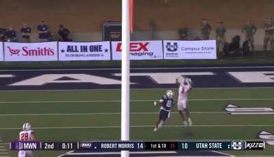 Robert Morris' player Rob Carter turns into Superman to get interception against Utah State