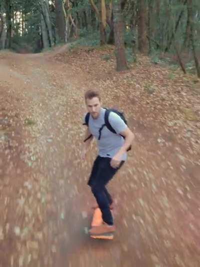 This is the future I always imagined: shredding through nature on my hoverboard while my autonomous robot drone films the action.