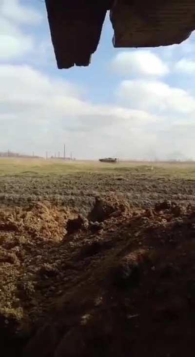 Russian BMP driving to Ukrainian positions, gets blown up by a mine